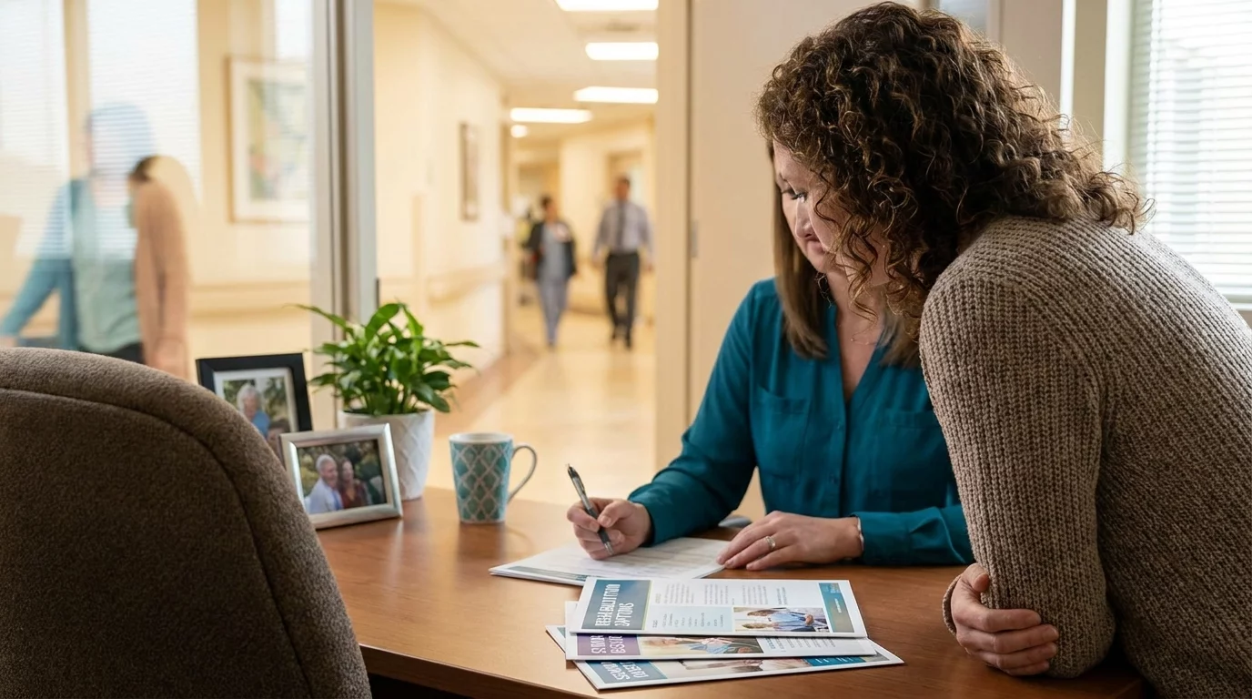 Aidant discutant avec une assistante sociale a l'hopital