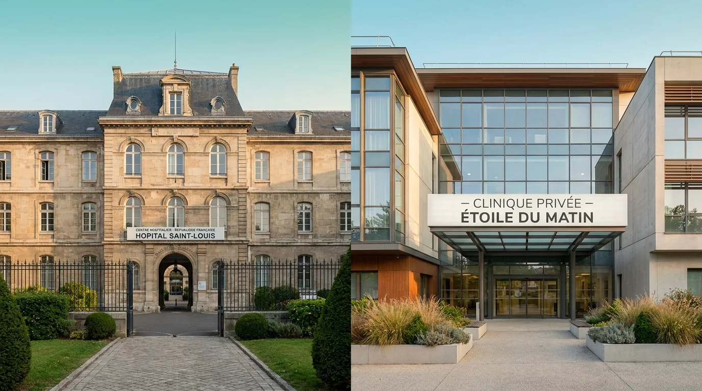 Facade d'un hopital public et d'une clinique privee cote a cote