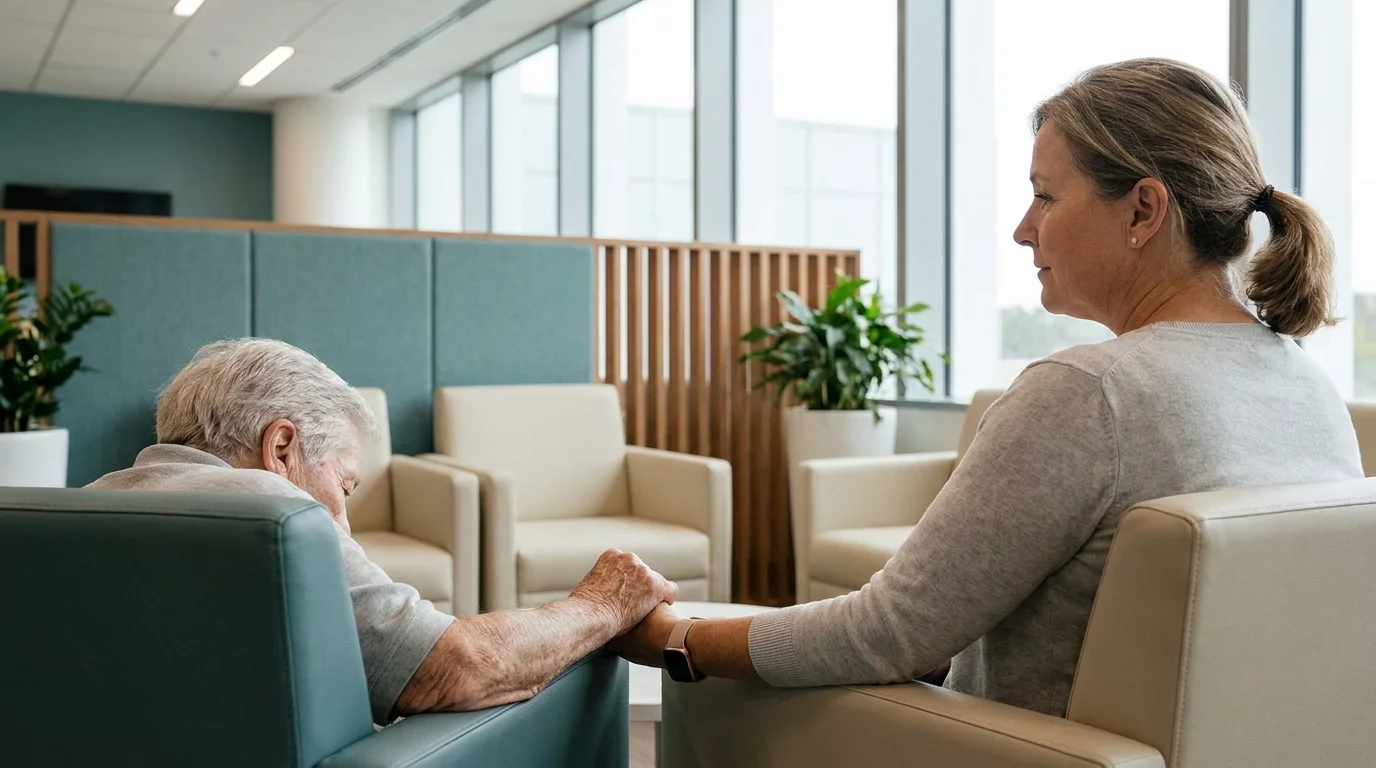 Famille accompagnant un proche a l'hopital, moment de soutien