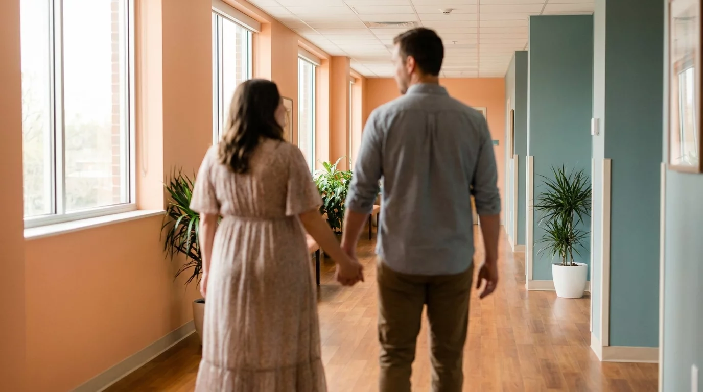 Future maman visitant une maternite avec son partenaire