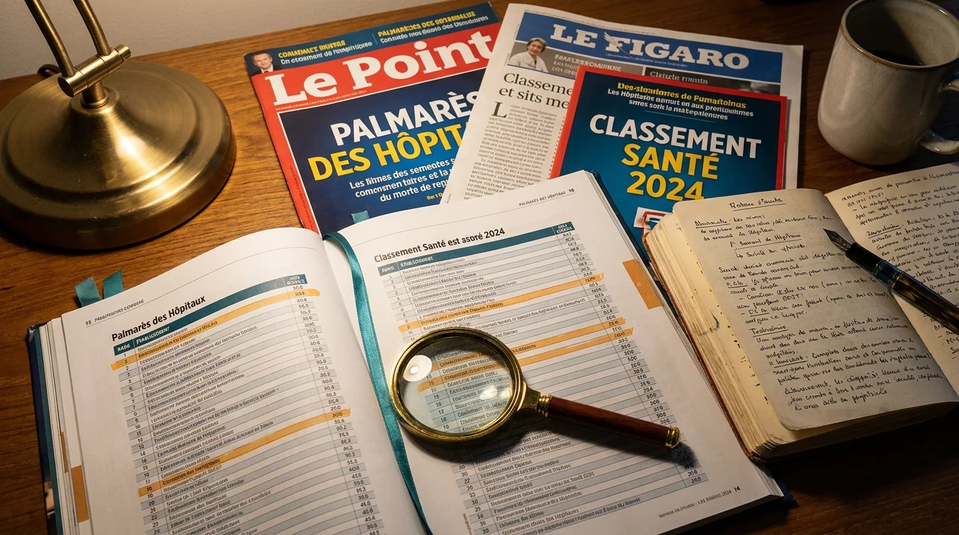 Magazine avec palmares des hopitaux et loupe d'analyse