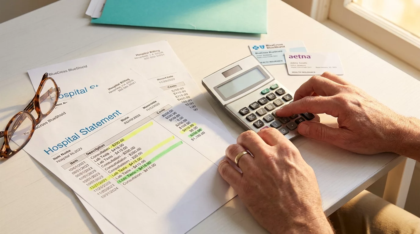 Personne calculant ses frais d'hospitalisation avec documents