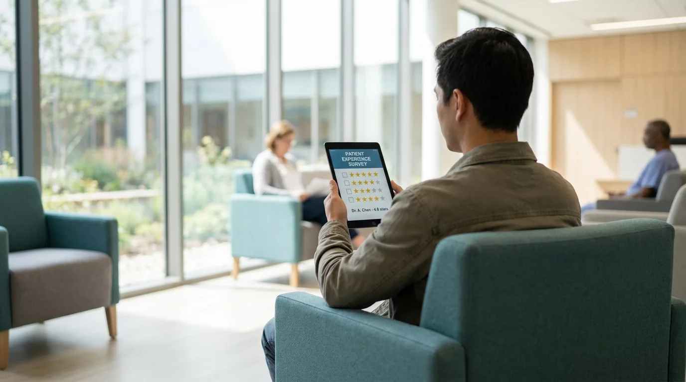 Personne consultant des avis sur tablette dans salle d'attente