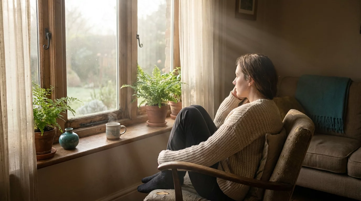 Personne pensive regardant par la fenetre moment de reflexion