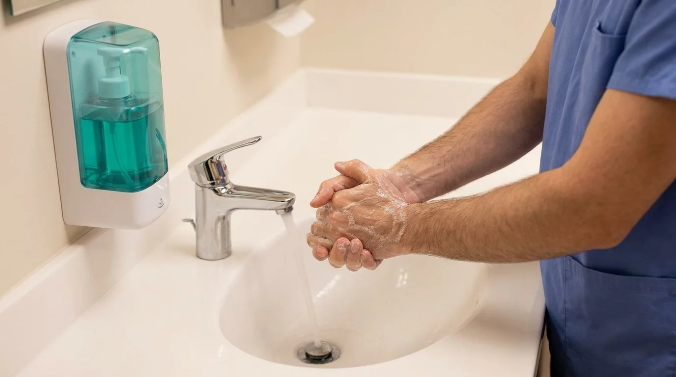 Personnel soignant se lavant les mains protocole hygiene